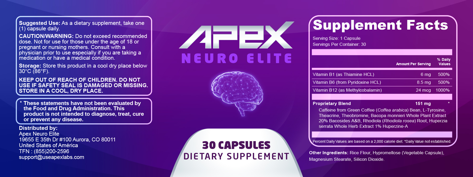 Apex Neuro Elite — label and supplement facts